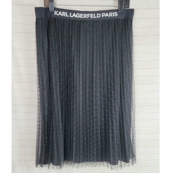 KARL LAGERFELD SWISS DOT SHEER PLEATED MIDI SKIRT IN BLACK, SZ LARGE - Picture 1 of 11